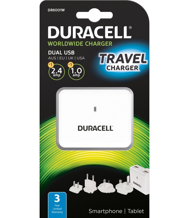 DURACELL DR6001W 2,4 А + 1 А Двойное зарядное устройство USB