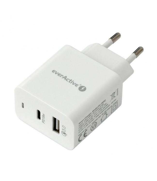 EverActive 5-12V USB QC 3.0 and USB-C PD 18W Charger SC-350