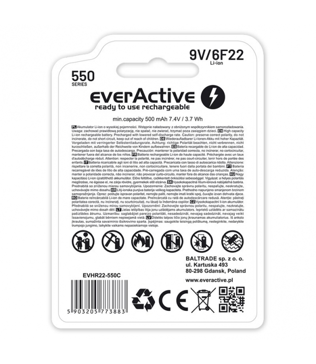 EverActive 6F22/9V Li-ion 550 mAh baterija su USB TYPE C