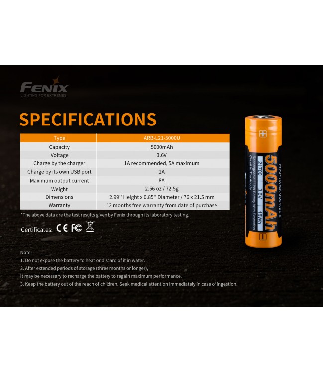 21700 baterija FENIX ARB-L21-5000U USB įkraunama baterija