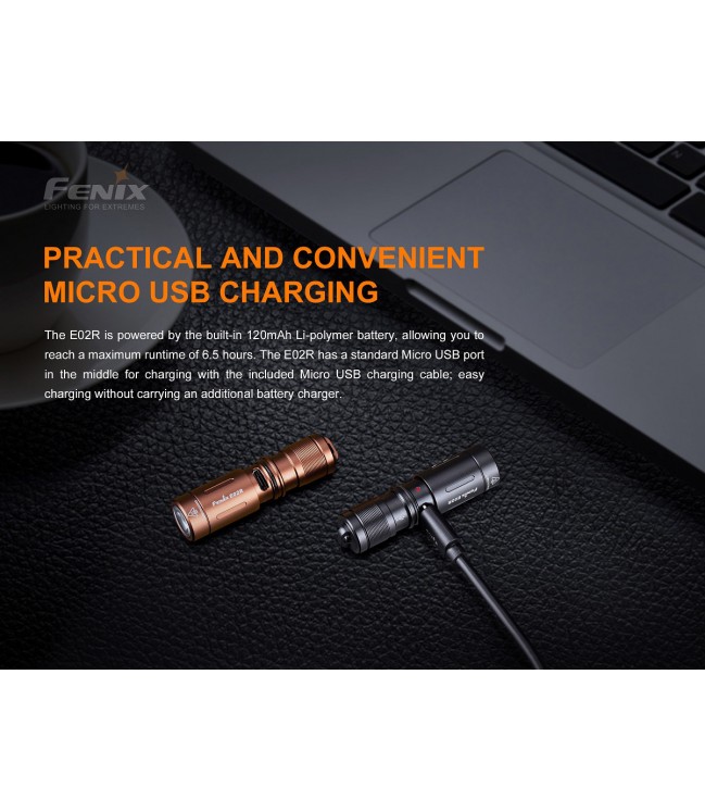 Fenix E02R USB įkraunamas raktų pakabukas žibintuvėlis RUDAS
