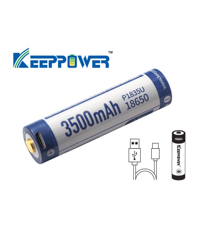 Keeppower 18650 - 3500mAh, Li-Ion 3.7V - 3.6V - PCB su apsauga ir USB P1835U 1 vnt.