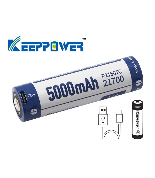 Keeppower 21700 - 5000mAh, Li-Ion 3.7V - 3.6V - PCB su apsauga ir USB-C P2150TC
