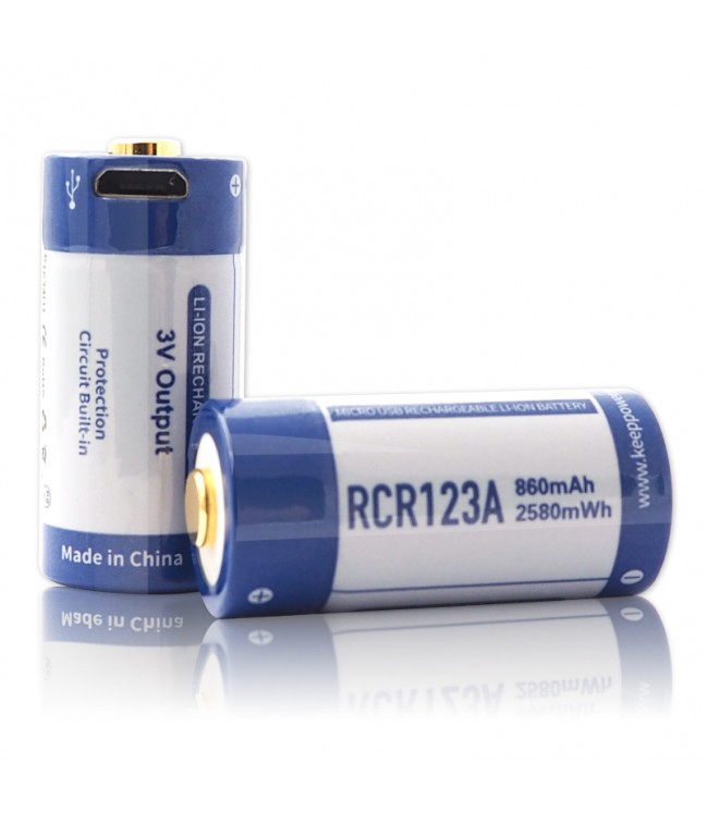 Keeppower akumuliatorius RCR123A 3V 860mAh + USB (1 vnt.)