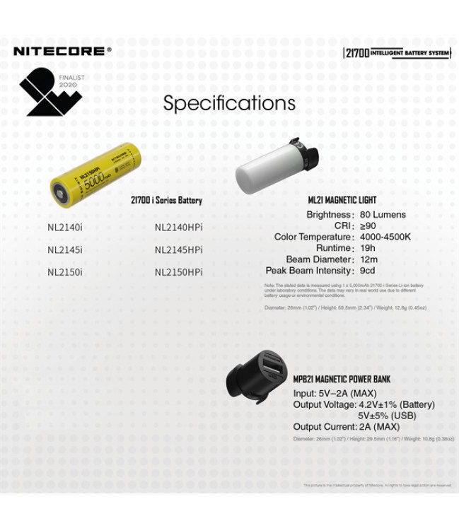 Nitecore Intelligent baterijos NL2150HPi 21700 sistema su žibintuvėliu ir krovikliu