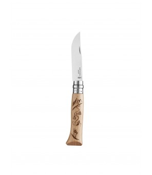 Opinel knife No 8 with ski motifs, engraved beech handle