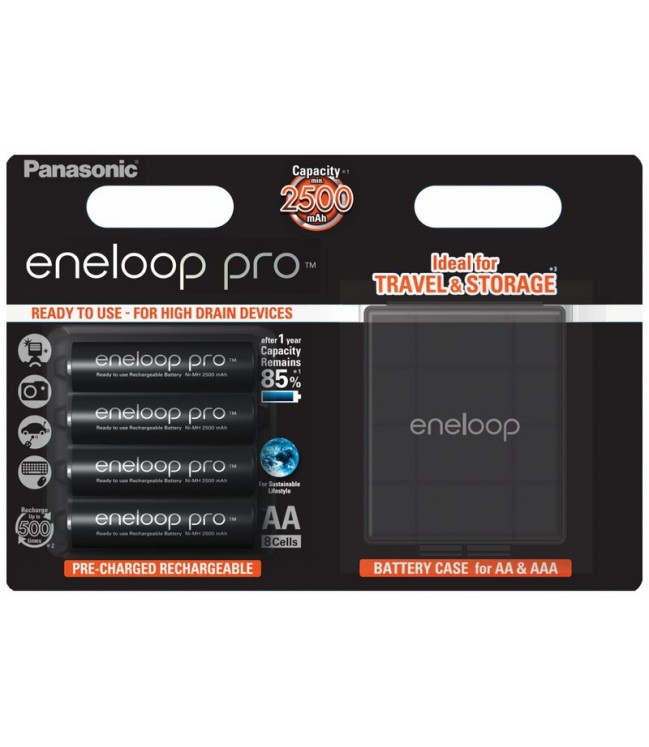 Panasonic Eneloop PRO 2550mAh AA akumuliatorius, 4 vnt. + dėžutė baterijoms