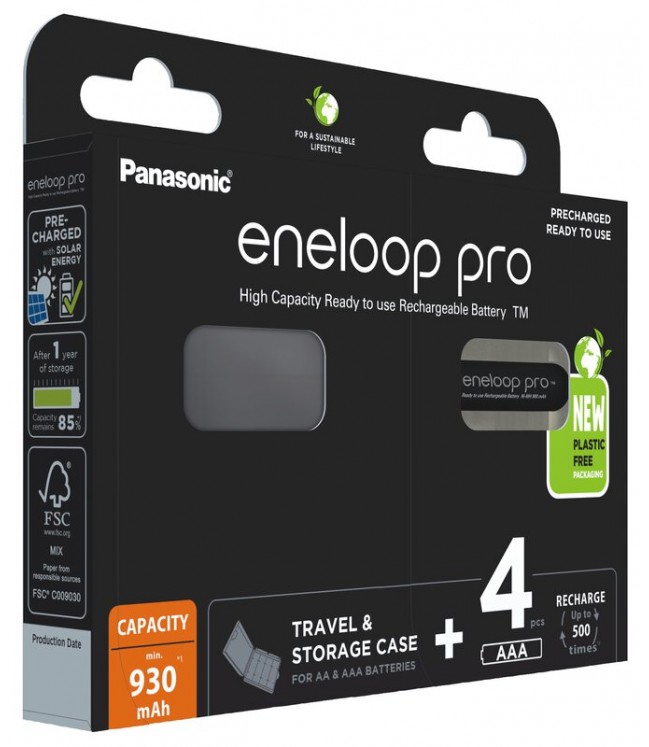 Panasonic Eneloop PRO Ni-MH 930mAh x 4 pakraunamos baterijos R03 + dežutė BK-4HCDEC4BE