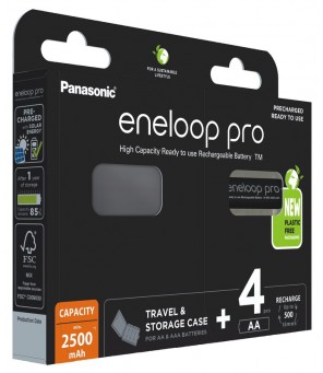 Panasonic Eneloop PRO R6 AA 2500mAh batteries x 4 + dėžutė BK-3HCDEC4BE