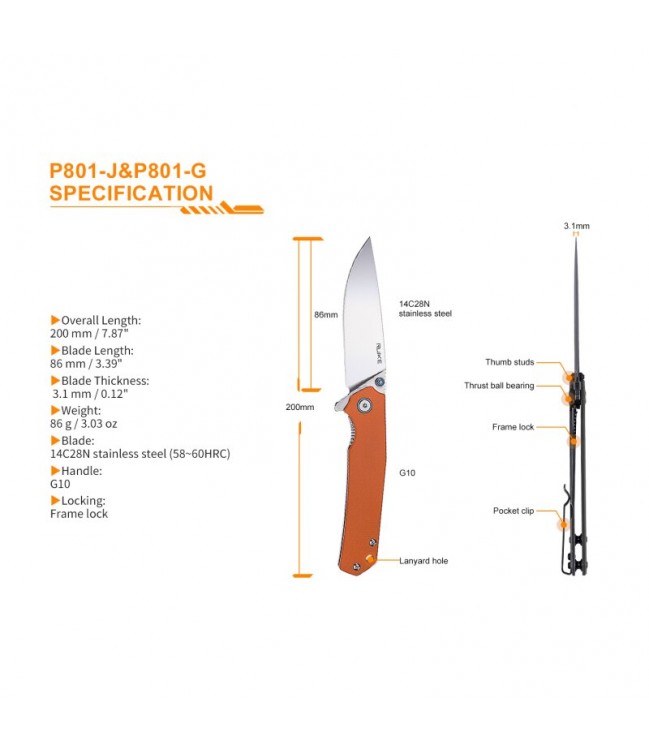 Ruike P801-J peilis, oranžinis